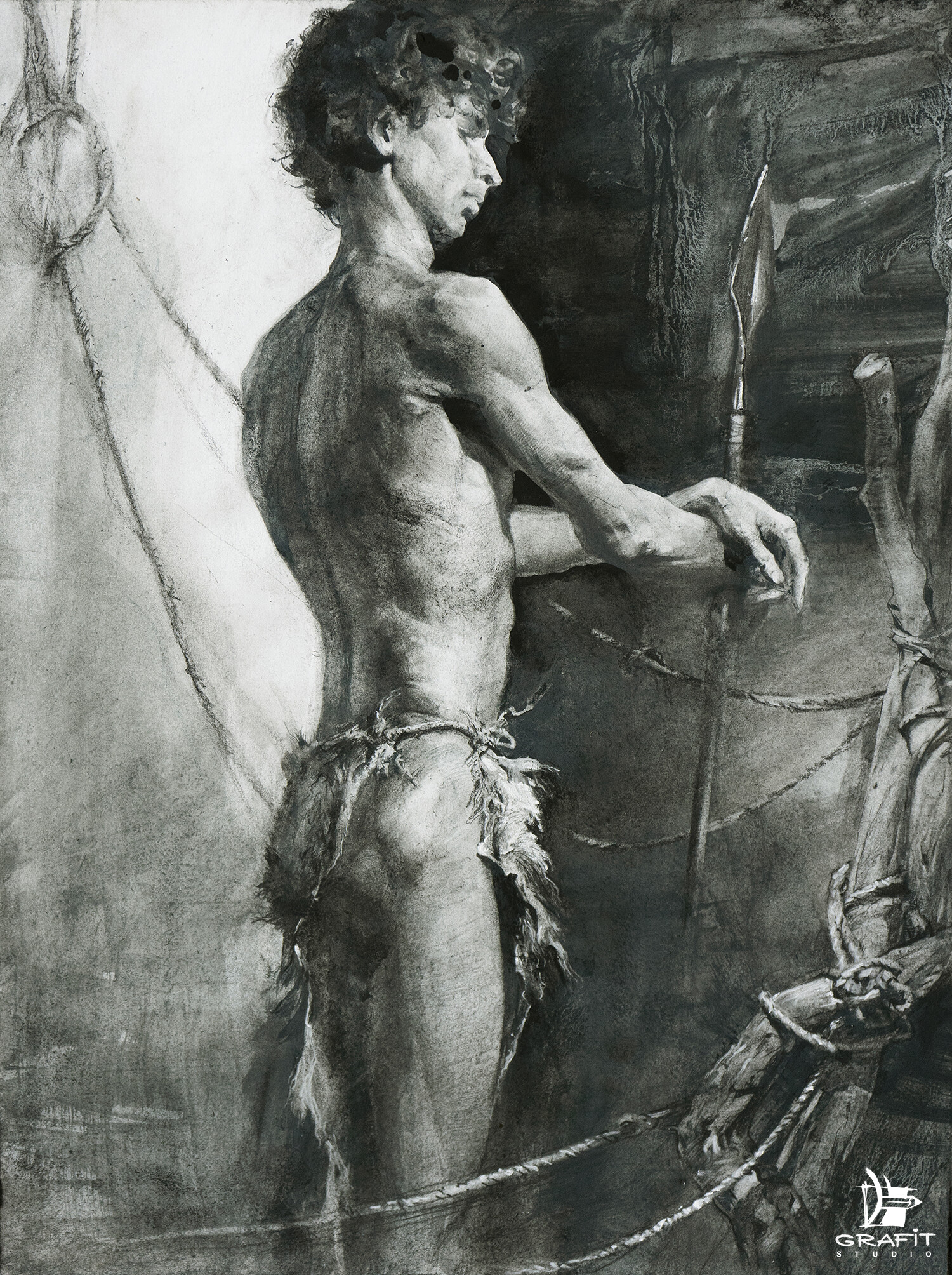 Lev Boyko - Grafit Studio. Figure study, charcoal on paper, north light.