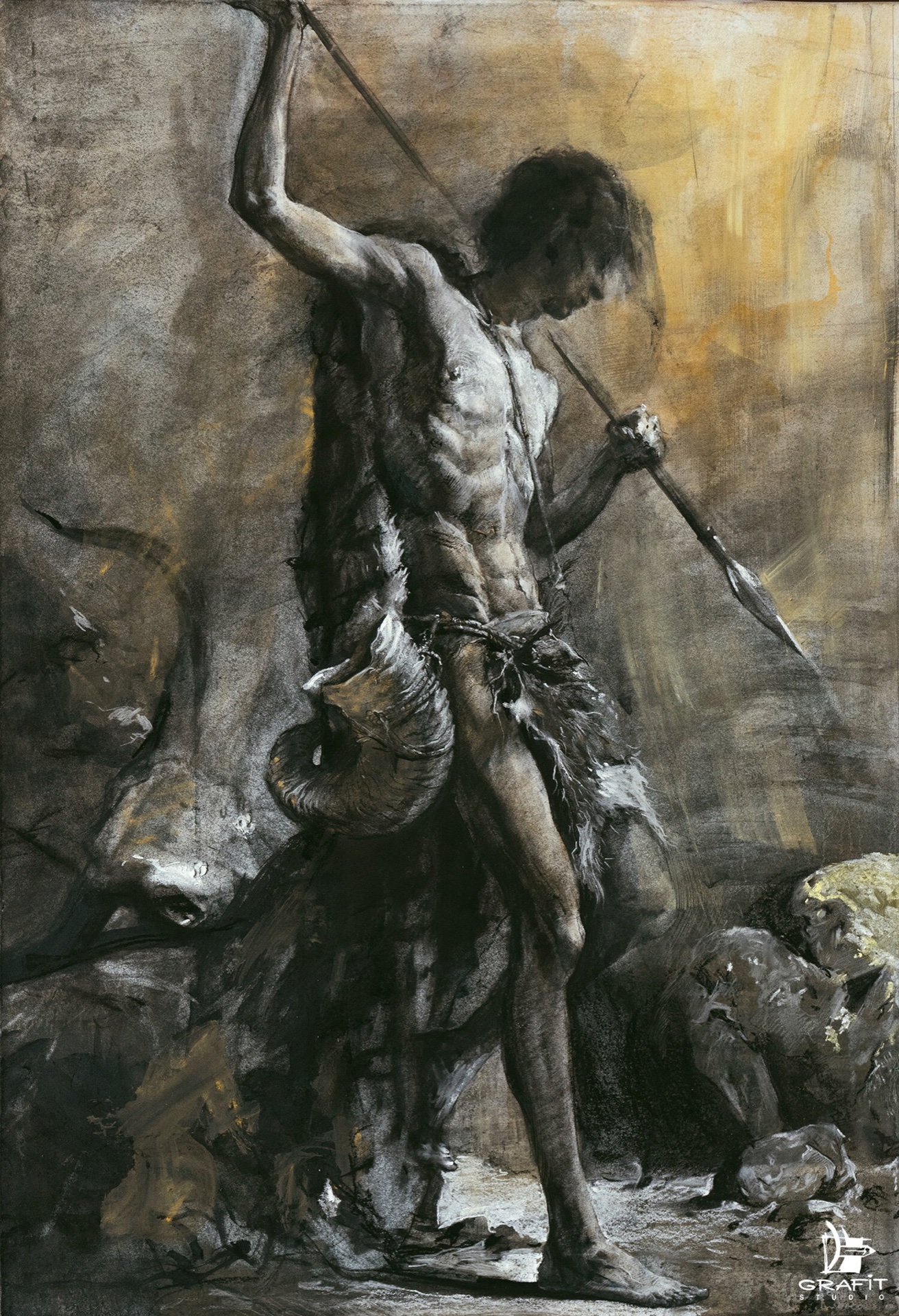 Lev Boyko - Grafit Studio. Charcoal figure study, the same pose as the reference next to it.