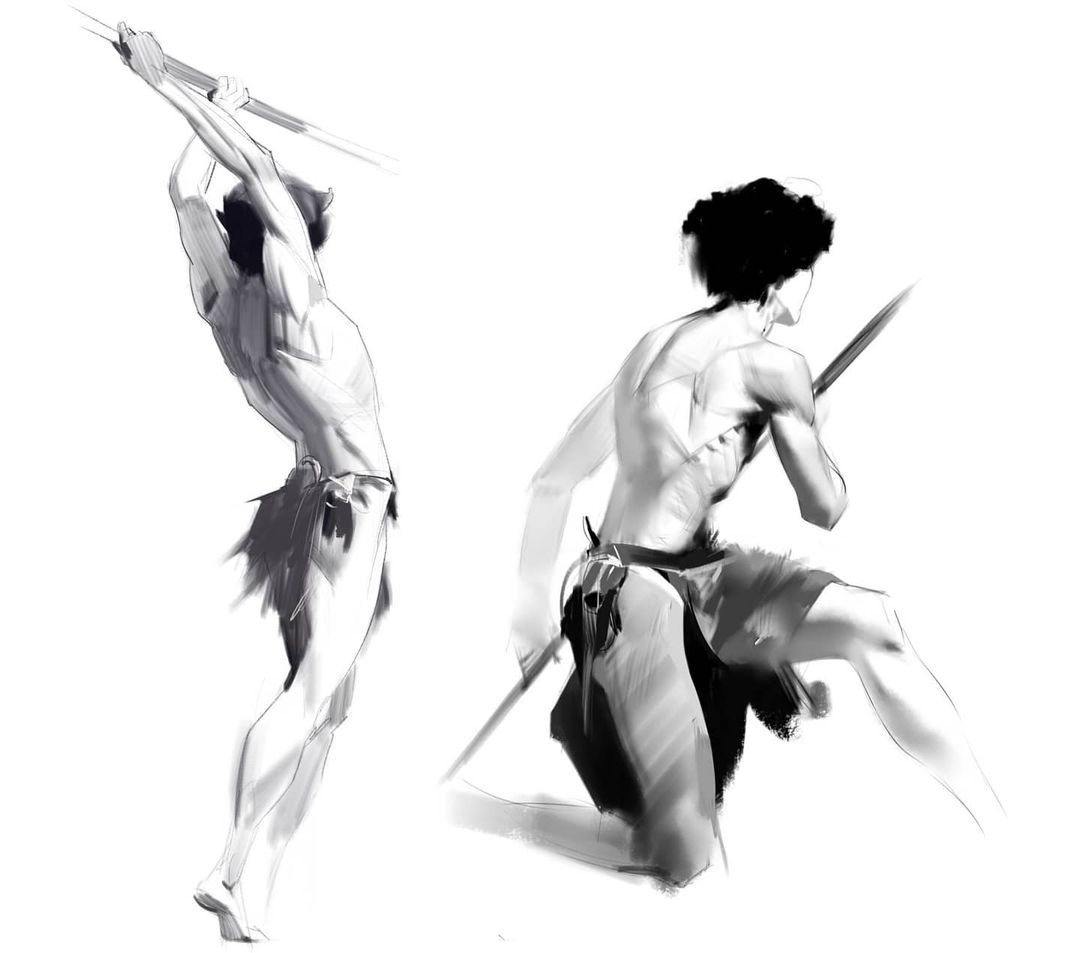 Viktor Titov - quick studies of pose and light. Two gestures, one sheet.