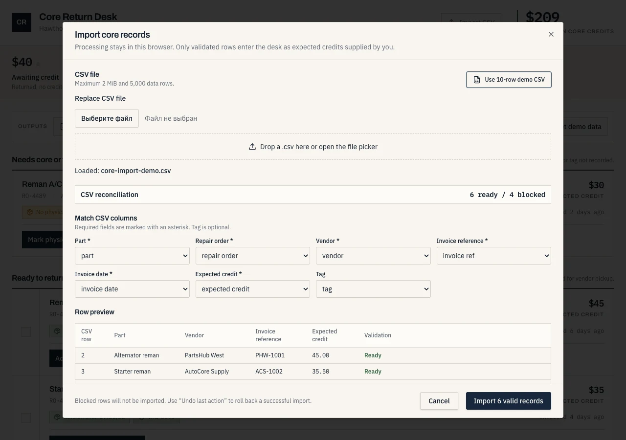 Core Return Desk CSV import dialog showing six ready rows, four blocked rows, mapped columns and the import action over the local reconciliation desk