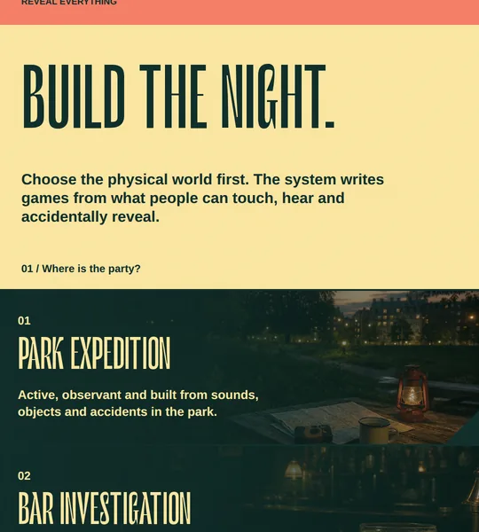 DIMAS fest setup. The host chooses the place first. Park is the opening setting, built from sounds, objects and accidents there.