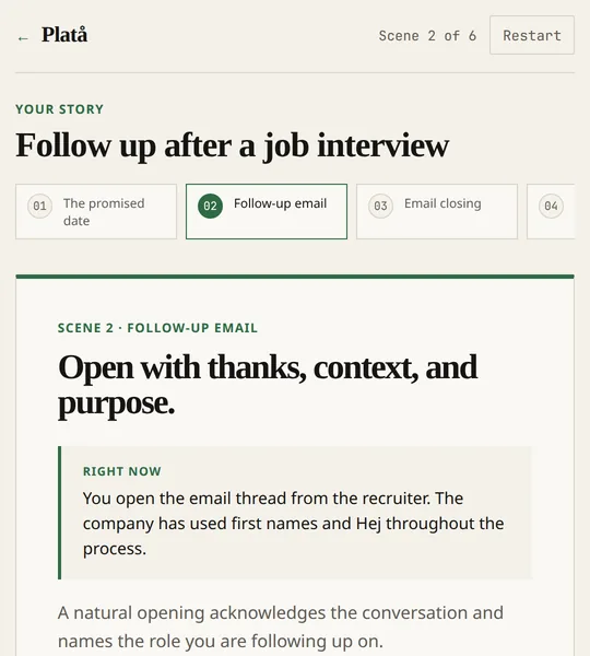 Platå lesson about a follow-up email after a job interview. The scene asks for an opening with thanks, context and purpose.