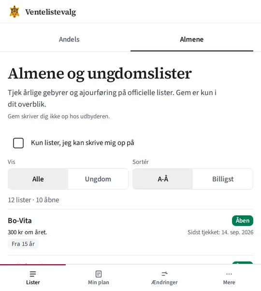 Ventelistevalg almene list. Bo-Vita is open, 300 kr a year, last checked 14 September 2026, from age 15. Saving a list does not sign you up.